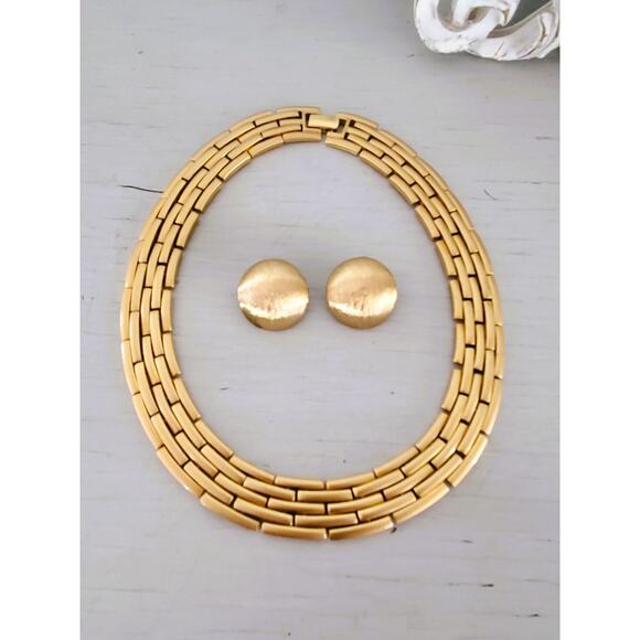 Vintage Monet Goldtone Wide Basketweave Wide Necklace and Earring Set - Picture 1 of 7